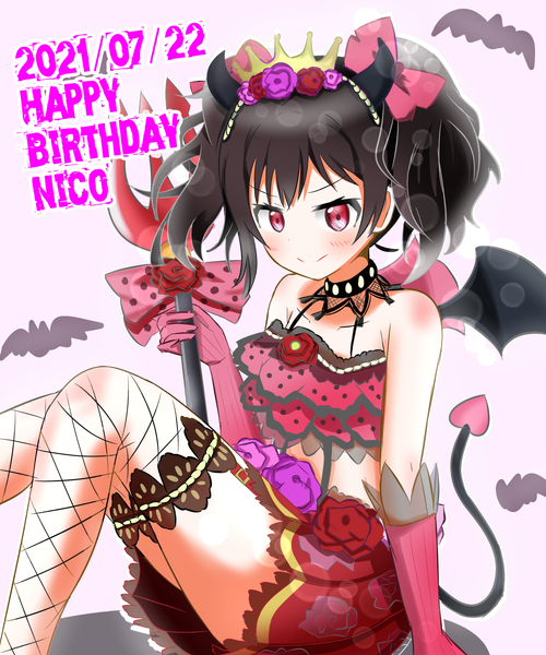 Anime picture 1500x1800 with love live! school idol project sunrise (studio) love live! yazawa nico brb (rei) single tall image looking at viewer blush fringe short hair black hair simple background smile red eyes sitting twintails bare shoulders holding tail