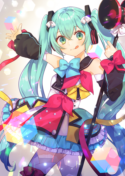 Anime picture 1447x2039 with vocaloid magical mirai (vocaloid) hatsune miku magical mirai miku magical mirai miku (2018) sophie (sophie1925) single tall image looking at viewer fringe hair between eyes twintails very long hair aqua eyes aqua hair lens flare girl bow detached sleeves tongue