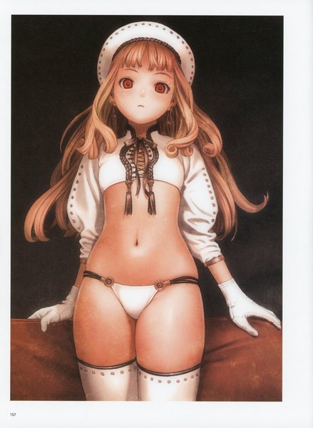 Anime picture 5092x6966 with original futurelog (artbook) range murata single long hair tall image looking at viewer fringe highres light erotic red eyes absurdres long sleeves scan border flat chest curly hair girl thighhighs gloves