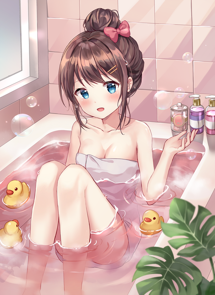Anime picture 1460x2000 with original mayo (miyusa) single tall image blush short hair breasts open mouth blue eyes light erotic brown hair sitting indoors hair bun (hair buns) partially submerged naked towel girl bow plant (plants) hair bow