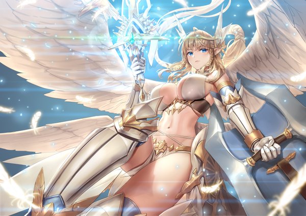 Anime picture 1637x1158 with king's raid aselica (king's raid) mismi single long hair looking at viewer blush fringe breasts blue eyes light erotic blonde hair large breasts holding cleavage braid (braids) pointy ears twin braids sideboob flying