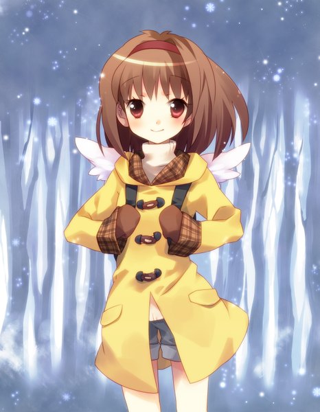 Anime picture 1181x1518 with kanon key (studio) tsukimiya ayu ech single tall image looking at viewer blush fringe short hair smile red eyes brown hair snowing winter snow girl plant (plants) wings tree (trees)