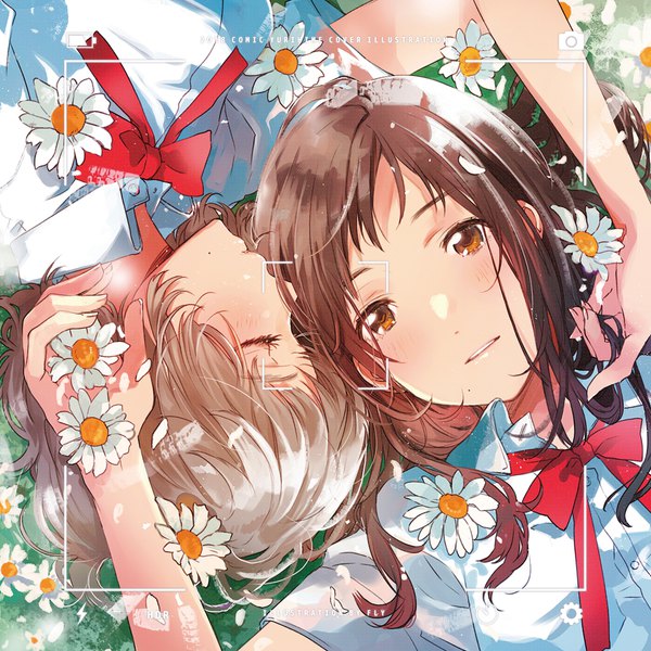 Anime picture 1000x1000 with original fly (marguerite) long hair looking at viewer blush short hair brown hair multiple girls brown eyes signed lying eyes closed profile light smile inscription text english holding hair cover magazine cover