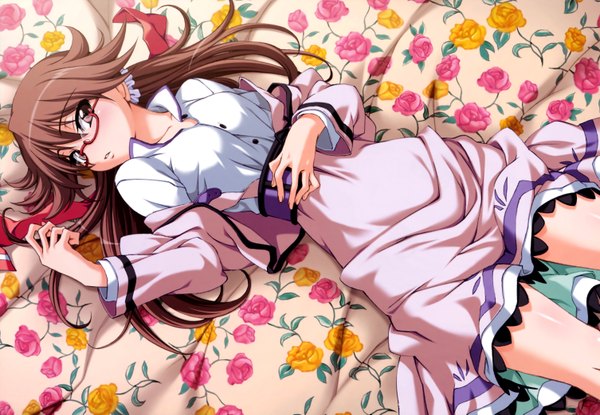 Anime picture 6022x4172 with se.kirara tabata hisayuki long hair blush highres brown hair brown eyes absurdres lying floral print girl uniform flower (flowers) school uniform shirt glasses miyuki mana