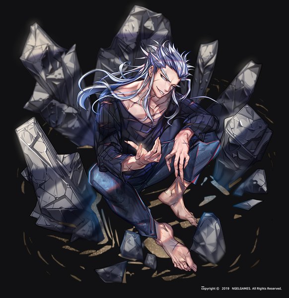 Anime picture 1222x1260 with noblesse hero cantare muzaka (noblesse) yagaaaa single long hair tall image looking at viewer simple background smile sitting silver hair long sleeves head tilt barefoot fingernails from above official art teeth torn clothes