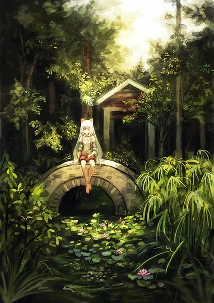 Anime picture 1200x1697 with touhou fujiwara no mokou bryanth single long hair tall image looking at viewer red eyes sitting white hair barefoot river girl bow plant (plants) hair bow tree (trees) suspenders bridge water lily