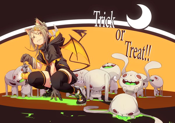 Anime picture 2480x1754 with original usami taiga fu-ta single long hair looking at viewer highres smile brown hair sitting holding brown eyes animal ears full body tail cat ears arm support text squat halloween