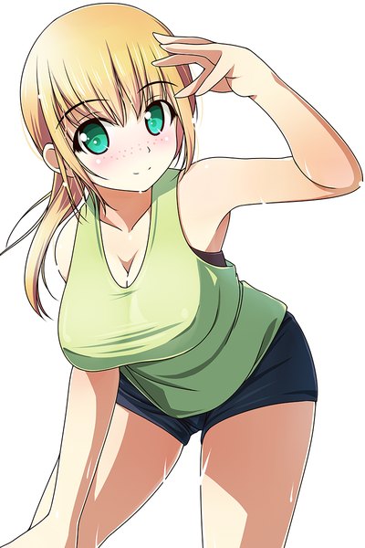 Anime picture 800x1200 with original matsunaga kouyou single long hair tall image looking at viewer blush blonde hair simple background white background green eyes girl shorts