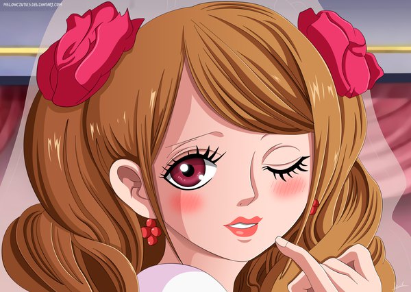 Anime-Bild 2000x1423 mit one piece toei animation charlotte pudding melonciutus single long hair looking at viewer blush fringe highres red eyes brown hair twintails signed parted lips one eye closed hair flower fingernails lips wink