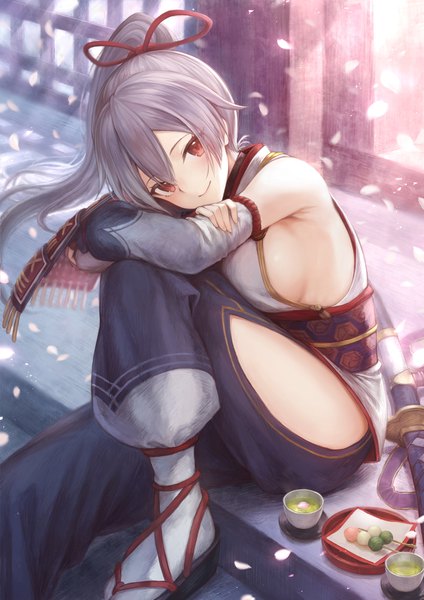 Anime picture 1302x1842 with fate (series) fate/grand order tomoe gozen (fate) mashuu (neko no oyashiro) single long hair tall image looking at viewer blush fringe breasts light erotic hair between eyes red eyes sitting bent knee (knees) ponytail traditional clothes light smile grey hair