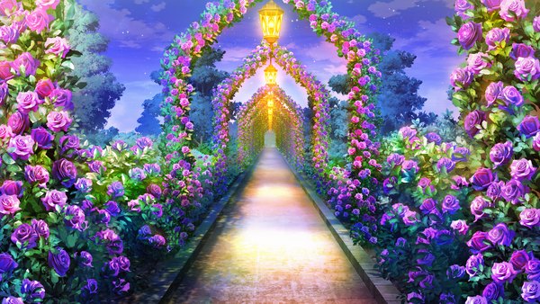 Anime picture 2670x1506 with nosferatu no omocha highres wide image game cg cloud (clouds) night light no people landscape flower (flowers) plant (plants)