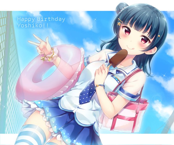 Anime picture 1500x1249 with love live! sunshine!! sunrise (studio) love live! tsushima yoshiko hazuki (sutasuta) single long hair blush black hair smile red eyes bare shoulders sky cloud (clouds) hair bun (hair buns) dutch angle happy birthday wrist scrunchie girl thighhighs