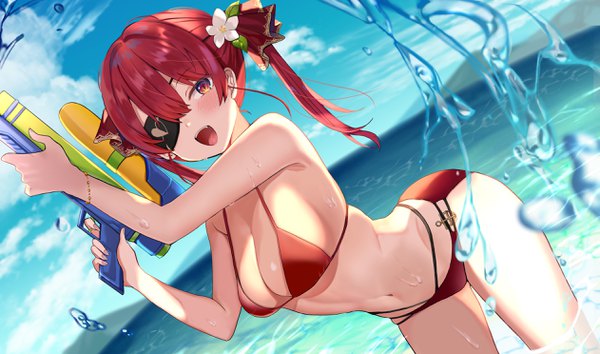 Anime picture 2522x1488 with virtual youtuber hololive houshou marine satoupote single long hair looking at viewer blush fringe highres breasts open mouth light erotic hair between eyes red eyes wide image large breasts twintails holding sky