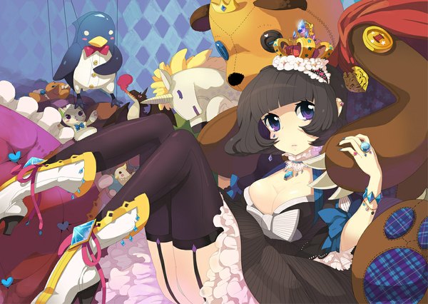 Anime picture 1049x746 with short hair black hair purple eyes girl thighhighs boots toy crown teddy bear penguin