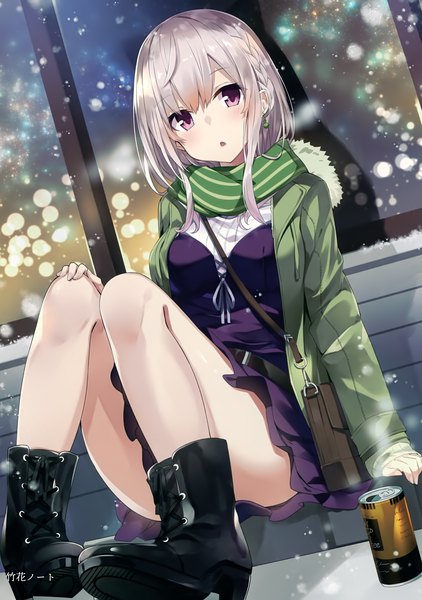 Anime picture 2483x3528 with melonbooks takehana note single long hair tall image looking at viewer blush fringe highres light erotic hair between eyes purple eyes signed payot silver hair full body outdoors braid (braids) scan open clothes