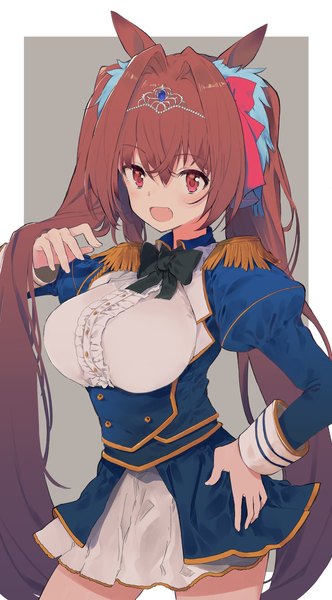 Anime picture 1132x2048 with umamusume daiwa scarlet (umamusume) mieharu single long hair tall image fringe breasts open mouth light erotic simple background hair between eyes red eyes brown hair large breasts standing animal ears looking away grey background hand on hip