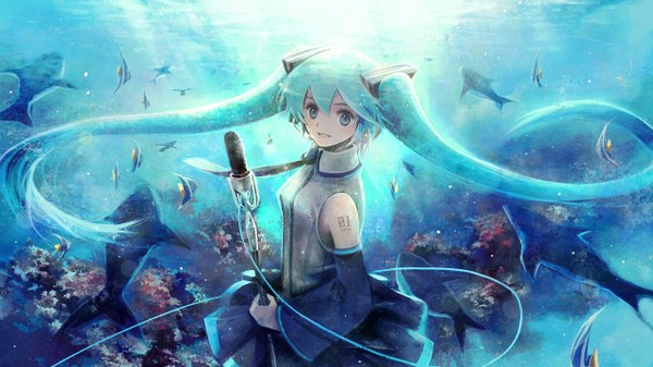Anime picture 1280x720 with vocaloid hatsune miku chris (pixiv) long hair blue eyes wide image twintails aqua hair underwater girl detached sleeves water necktie sea fish (fishes) microphone wire (wires)
