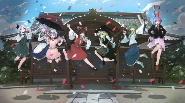 Anime picture 3840x2160 with touhou hakurei reimu remilia scarlet kirisame marisa izayoi sakuya konpaku youmu kochiya sanae reisen udongein inaba myon ichiba youichi long hair highres short hair open mouth blue eyes smile brown hair wide image multiple girls holding