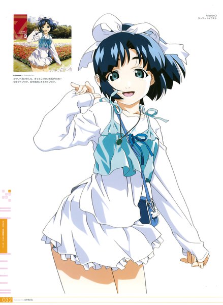 Anime picture 1171x1600 with starship girl yamamoto yohko j.c. staff watanabe akio artworks (artbook) hakuhouin ayano watanabe akio single tall image looking at viewer short hair open mouth blue eyes black hair simple background smile white background signed wind scan copyright name sleeves past wrists