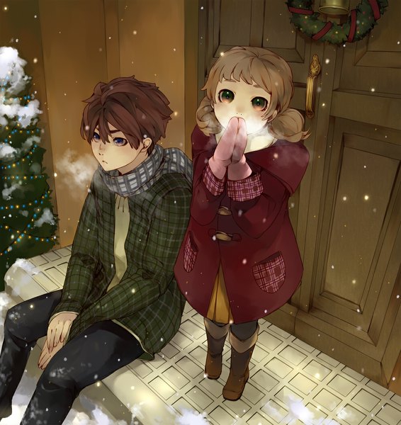 Anime picture 1000x1060 with original matsunaka hiro tall image looking at viewer fringe short hair blonde hair brown hair sitting purple eyes twintails looking away from above open clothes open jacket low twintails short twintails snowing christmas winter