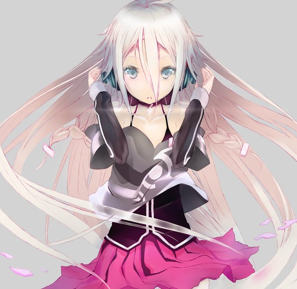Anime picture 1000x972 with vocaloid ia (vocaloid) bute (butegram) buts single long hair looking at viewer blush fringe open mouth simple background standing bare shoulders ahoge braid (braids) aqua eyes wind grey background teeth twin braids