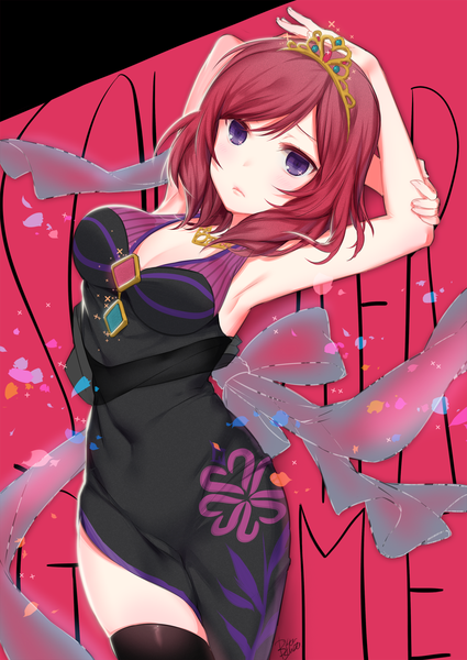 Anime picture 1416x2000 with love live! school idol project sunrise (studio) love live! nishikino maki bittersweet (dalcoms) single tall image looking at viewer blush short hair purple eyes signed cleavage red hair arms up armpit (armpits) pink background girl thighhighs dress