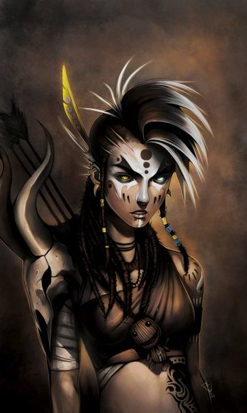 Anime picture 800x1333 with original ninjatic single long hair tall image brown hair yellow eyes white hair multicolored hair horn (horns) two-tone hair tattoo heterochromia piercing glowing glowing eye (eyes) silver eyes brown background face paint girl