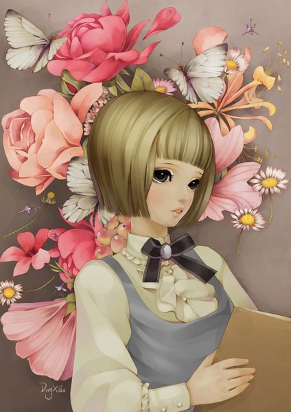 Anime picture 2480x3508 with original dong xiao single tall image highres short hair signed grey eyes girl dress flower (flowers) insect butterfly