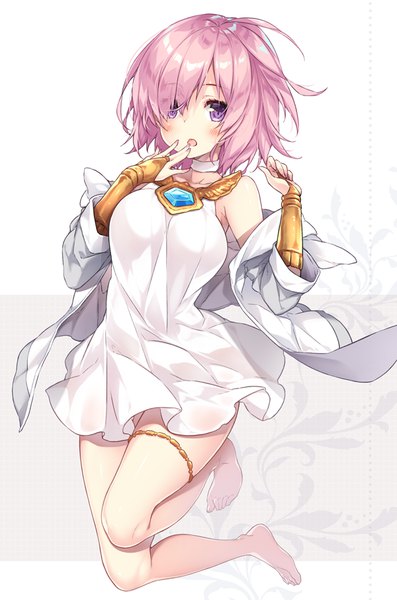 Anime picture 600x905 with fate (series) fate/grand order granblue fantasy mash kyrielight reina (black spider) single tall image looking at viewer blush fringe short hair breasts open mouth light erotic simple background purple eyes bare shoulders pink hair full body ahoge