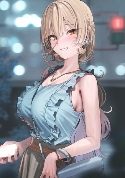 Anime picture 992x1403 with virtual youtuber nijisanji nui sociere kanzarin (hoochikiss) single long hair tall image looking at viewer blush fringe breasts open mouth light erotic blonde hair smile hair between eyes large breasts standing holding yellow eyes