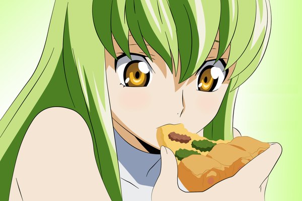 Anime picture 3080x2056 with code geass sunrise (studio) c.c. single long hair highres simple background bare shoulders yellow eyes green hair close-up face eating vector girl pizza