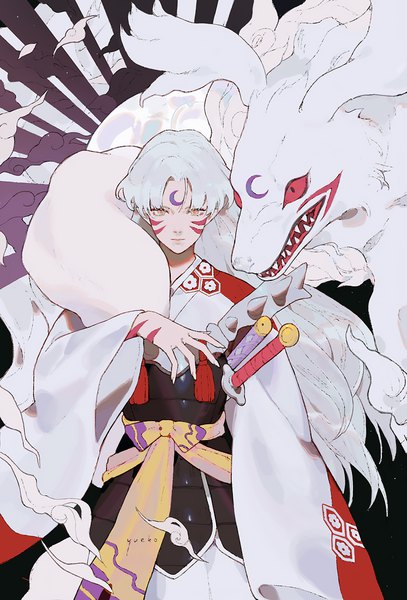Anime picture 746x1100 with inuyasha sesshomaru yueko (jiayue wu) long hair tall image yellow eyes silver hair traditional clothes japanese clothes facial mark expressionless whisker markings dual persona forehead mark boy weapon sword armor katana moon (symbol)