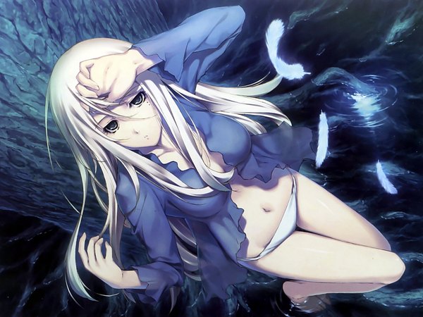Anime picture 1920x1440 with kara no shoujo innocent grey stella maris sugina miki single long hair looking at viewer highres breasts blue eyes light erotic blonde hair bent knee (knees) white hair parted lips barefoot from above scan night mole