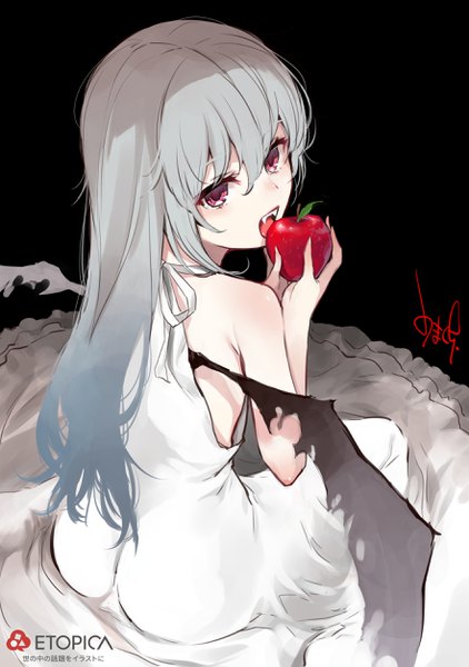 Anime picture 1764x2508 with original umakuchi shouyu single long hair tall image looking at viewer blush fringe highres open mouth light erotic simple background hair between eyes red eyes sitting bare shoulders holding signed ass looking back