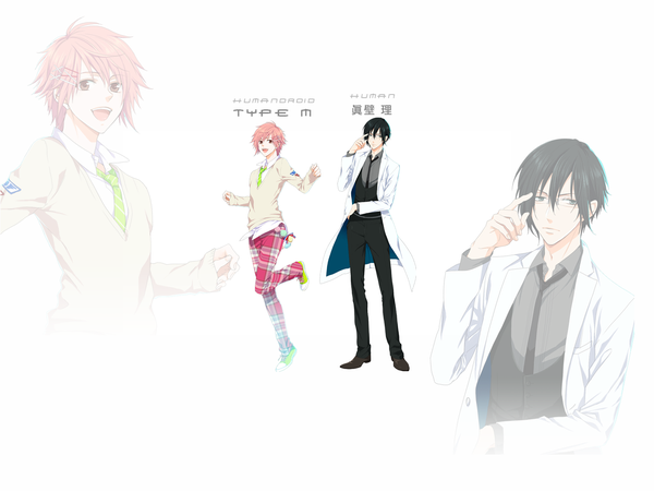 Anime picture 1400x1050 with humandroid type m makabe osamu kirishima sou short hair black hair simple background standing white background brown eyes pink hair black eyes multiple boys couple happy transparent background jumping zoom layer plaid boy