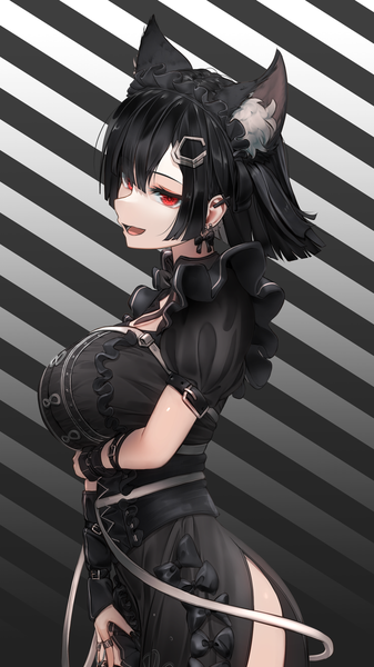 Anime picture 1440x2560 with virtual youtuber miraizu mitsurugi lia braco single tall image looking at viewer short hair breasts open mouth light erotic black hair simple background smile red eyes large breasts standing animal ears nail polish head tilt