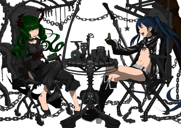Anime picture 4092x2893 with black rock shooter black rock shooter (character) dead master long hair highres short hair open mouth black hair smile white background sitting twintails multiple girls absurdres eyes closed curly hair girl 2 girls glasses food