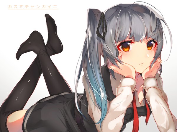 Anime picture 1300x967 with kantai collection kasumi destroyer yakusuke single long hair looking at viewer blush fringe simple background white background brown eyes lying grey hair character names side ponytail legs up remodel (kantai collection) girl thighhighs dress