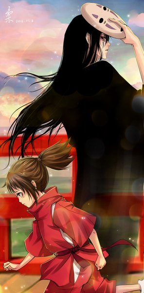 Anime picture 1000x2023 with spirited away studio ghibli ogino chihiro no face (spirited away) see (ruru go) tall image black hair brown hair standing brown eyes signed sky ponytail profile couple mountain ghost face paint running transparent