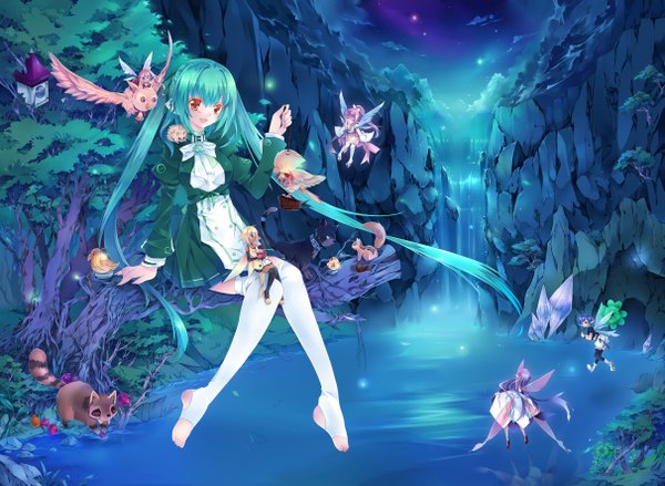 Anime picture 4842x3543 with original liy093275411 long hair highres sitting twintails multiple girls absurdres cloud (clouds) very long hair green hair orange eyes no shoes night sky 6+ girls 6 girls waterfall minigirl fairy girl