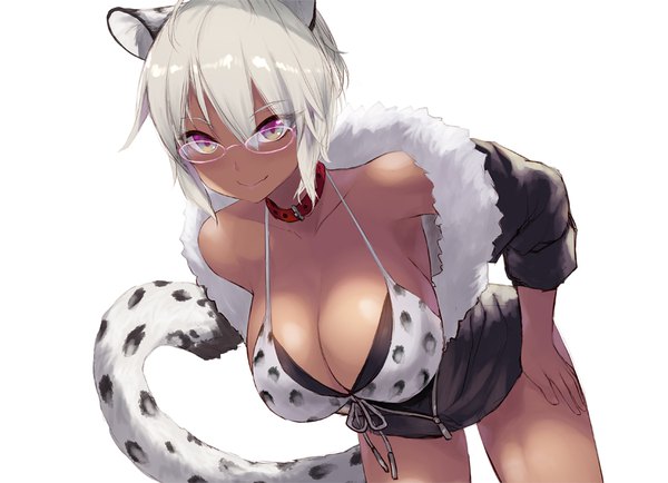 Anime picture 900x651 with virtual youtuber nanqiao shiye cait single looking at viewer blush fringe short hair breasts light erotic simple background smile hair between eyes large breasts standing white background animal ears silver hair tail animal tail