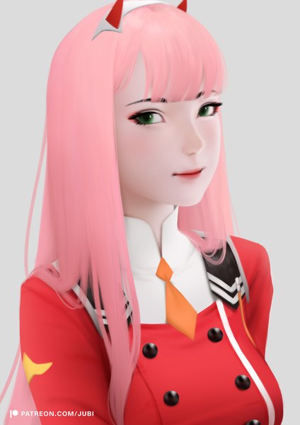 Anime picture 2480x3508 with darling in the franxx studio trigger zero two (darling in the franxx) jubi (regiana) single long hair tall image looking at viewer fringe highres simple background green eyes signed pink hair blunt bangs horn (horns) light smile grey background lipstick portrait