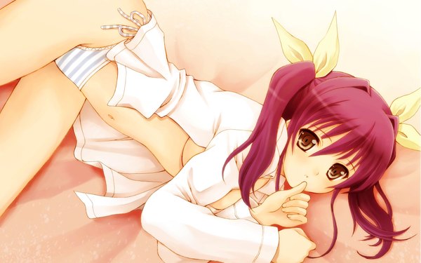 Anime picture 1680x1050 with highres light erotic wide image twintails purple hair lying open clothes open shirt striped underwear panties ribbon (ribbons) hair ribbon striped panties side-tie panties