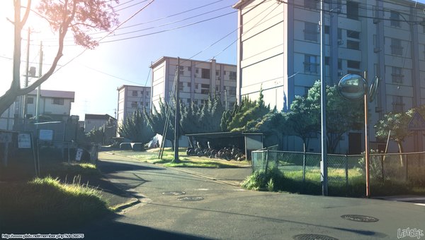 Anime picture 1920x1088 with original raichi (litchixlitchi) highres wide image sky sunlight city watermark cityscape no people plant (plants) tree (trees) building (buildings) grass ground vehicle mirror bicycle