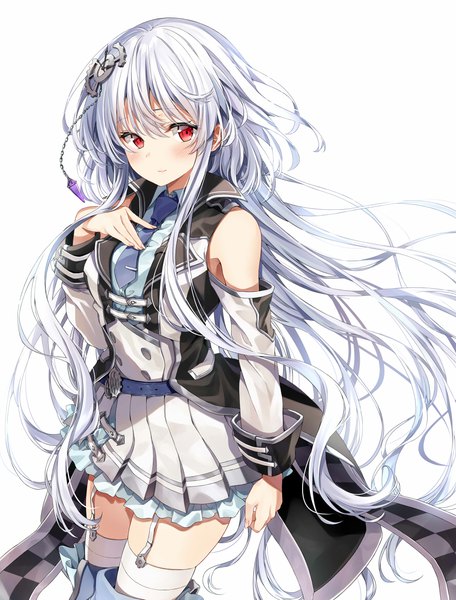 Anime picture 886x1164 with original kakao rantan single long hair tall image looking at viewer blush fringe breasts simple background hair between eyes red eyes standing white background bare shoulders silver hair long sleeves pleated skirt floating hair hand on chest