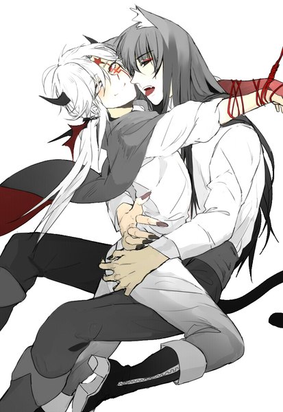 Anime picture 800x1162 with d.gray-man allen walker kanda yuu cadsu long hair tall image looking at viewer blush open mouth light erotic black hair simple background smile red eyes white background sitting animal ears bent knee (knees) white hair ponytail