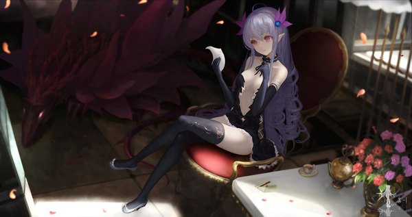 Anime picture 1920x1015 with original wangchuan de quanyan single long hair fringe highres breasts light erotic hair between eyes wide image sitting bare shoulders holding payot looking away purple hair full body ahoge indoors pink eyes
