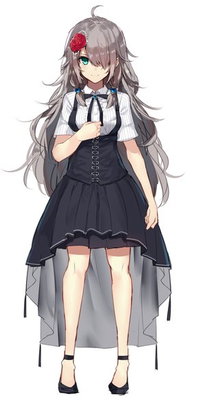 Anime picture 1976x4096 with original aosaki yukina single long hair tall image looking at viewer fringe highres simple background standing white background green eyes full body ahoge hair flower light smile grey hair hair over one eye girl flower (flowers)