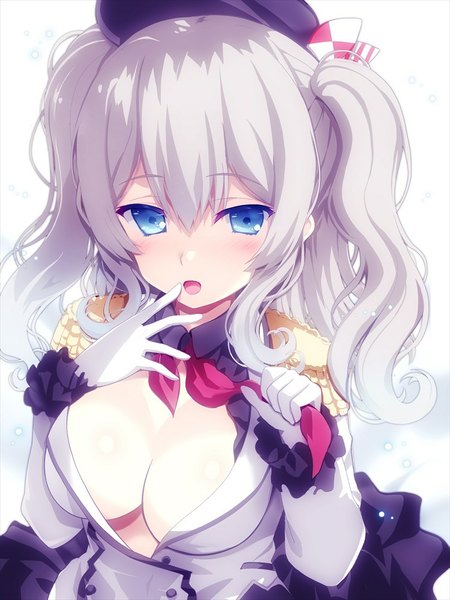 Anime picture 750x1000 with kantai collection kashima training cruiser tranquillianus single long hair tall image looking at viewer blush breasts open mouth blue eyes light erotic cleavage silver hair girl gloves white gloves epaulettes