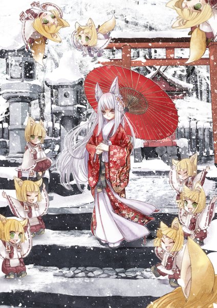 Anime picture 1753x2480 with q pixiv: free 218 long hair tall image highres short hair blonde hair smile purple eyes green eyes silver hair very long hair traditional clothes japanese clothes light smile fox ears fox tail fox girl happy snowing